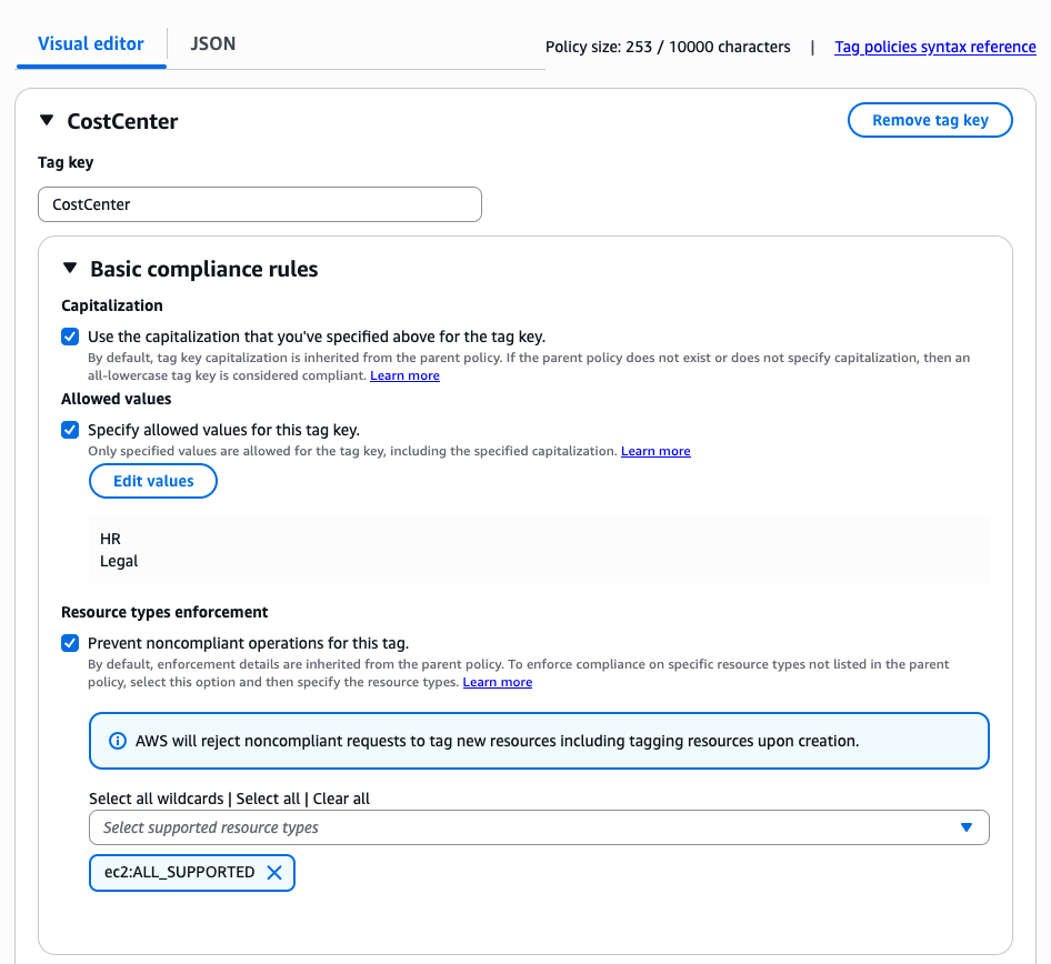 Visual editor tab showing tag policy configuration for CostCenter tag with Legal and HR values