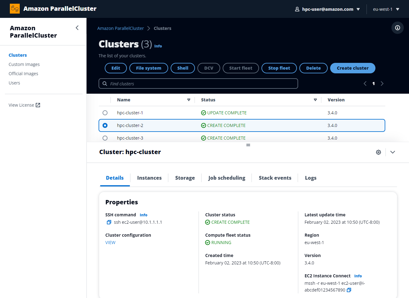 In the Amazon ParallelCluster UI home page, you can create, edit, and delete a cluster You can also view your list of clusters and selected cluster details, and navigate to clusters, official images, custom images, and users.