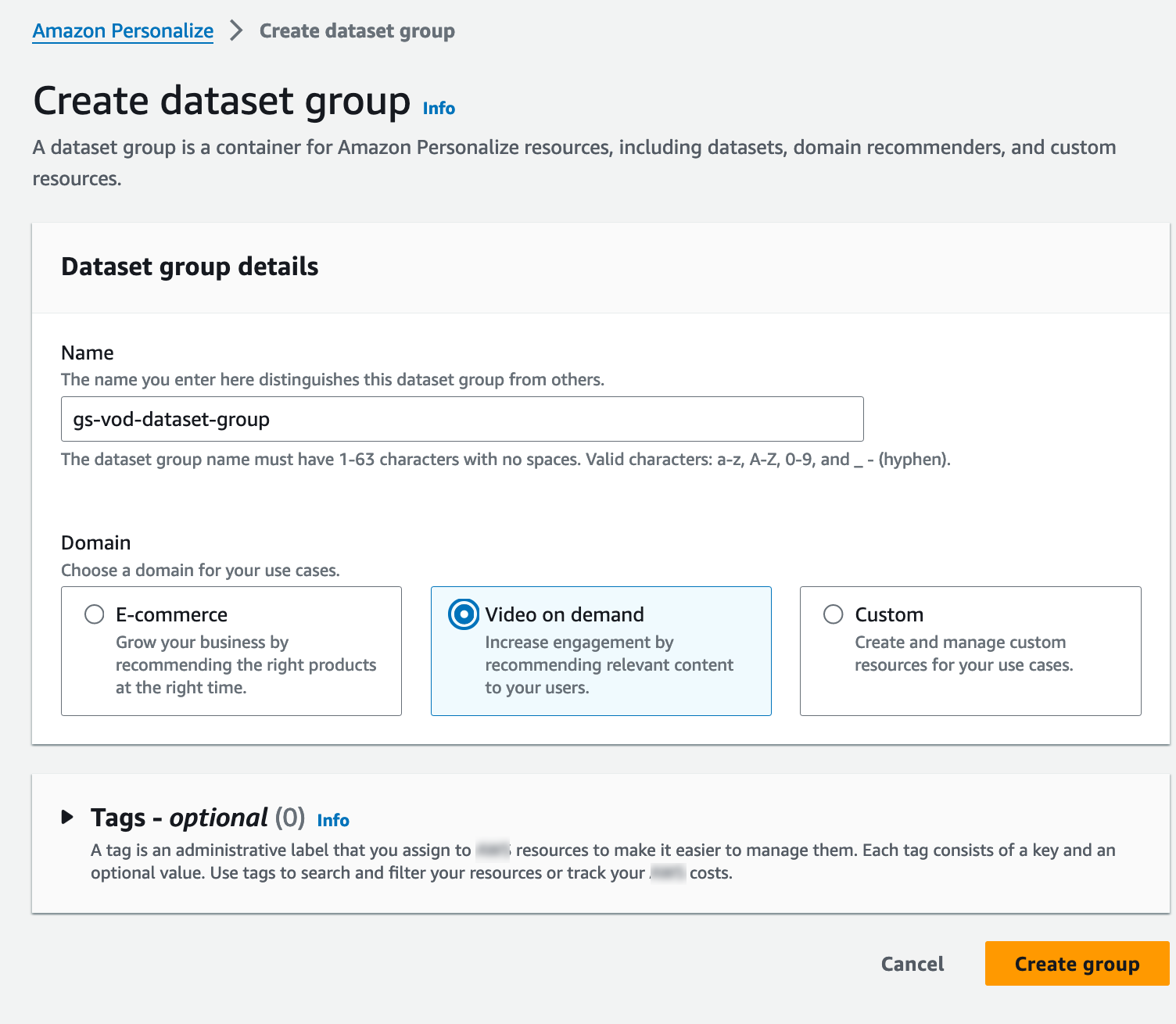 Depicts Create dataset group page with Name and Domain fields.