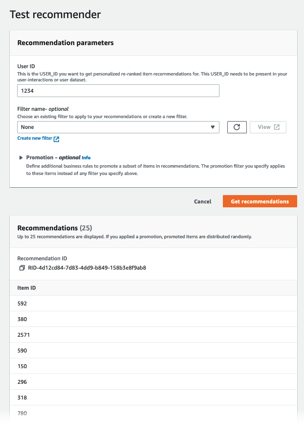 Depicts the Test recommender page with fields for a recommendation request.