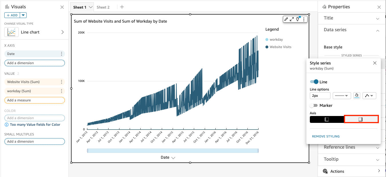 Image of Data series section of the Format visual pane with the Show on right axis icon circled in red.