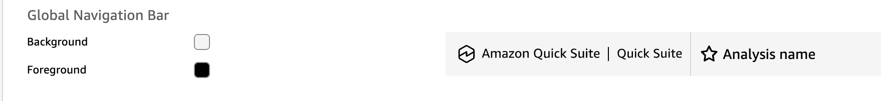 The configuration settings for the global navigation bar. Use the Background and Foreground swatches to customize the colors of every theme item listed on the Theme settings page.