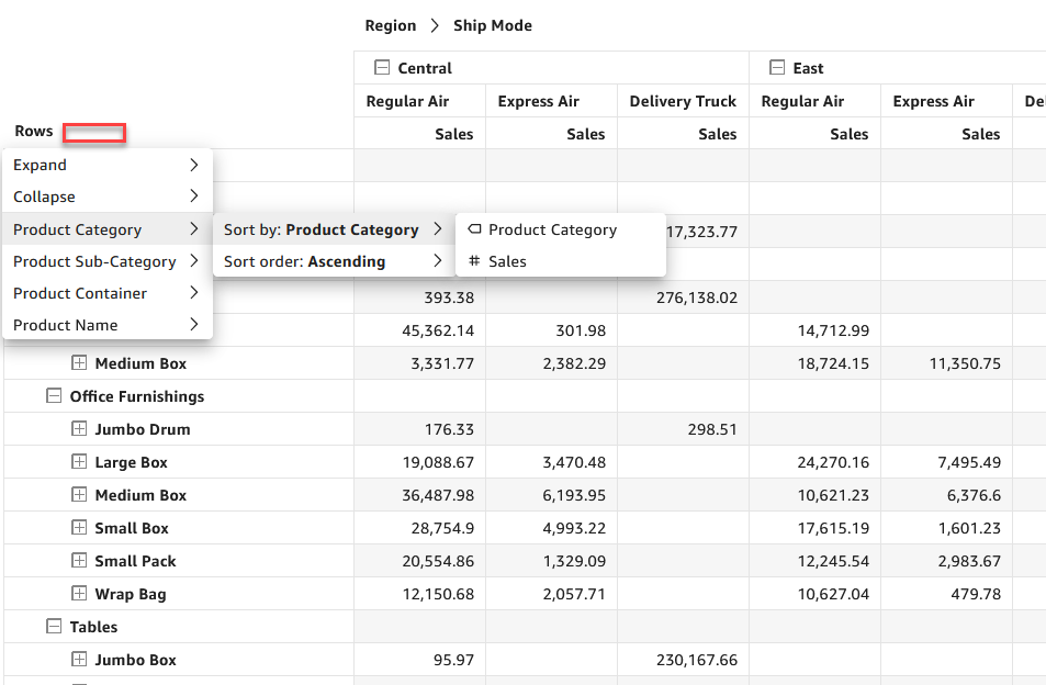 Image of the Combined row fields menu.