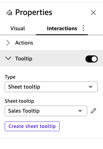 The Properties pane showing the Sheet tooltip option selected in the Type dropdown.