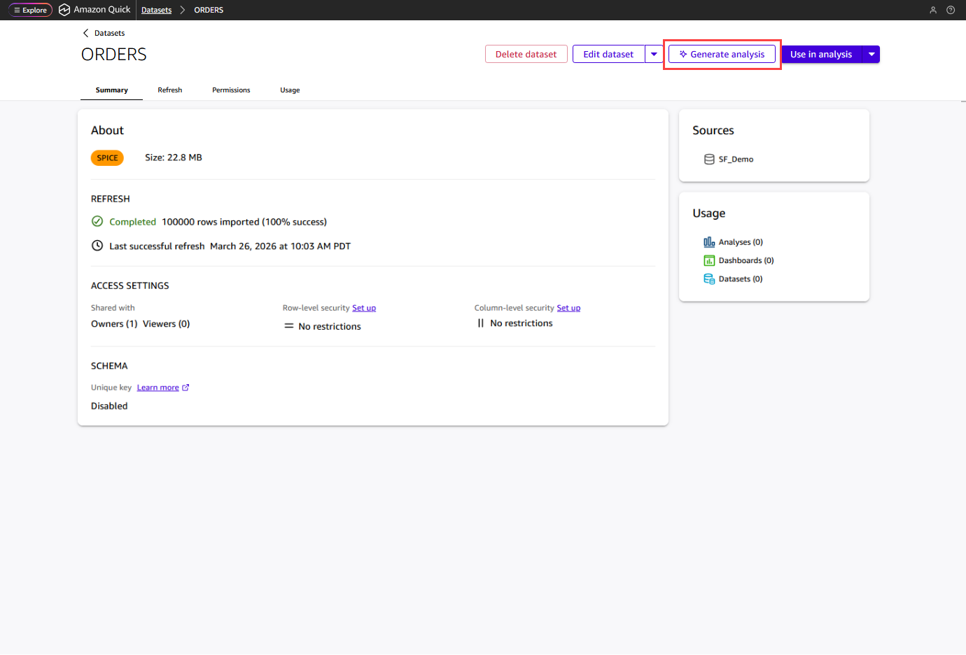 Dataset page with Generate analysis button