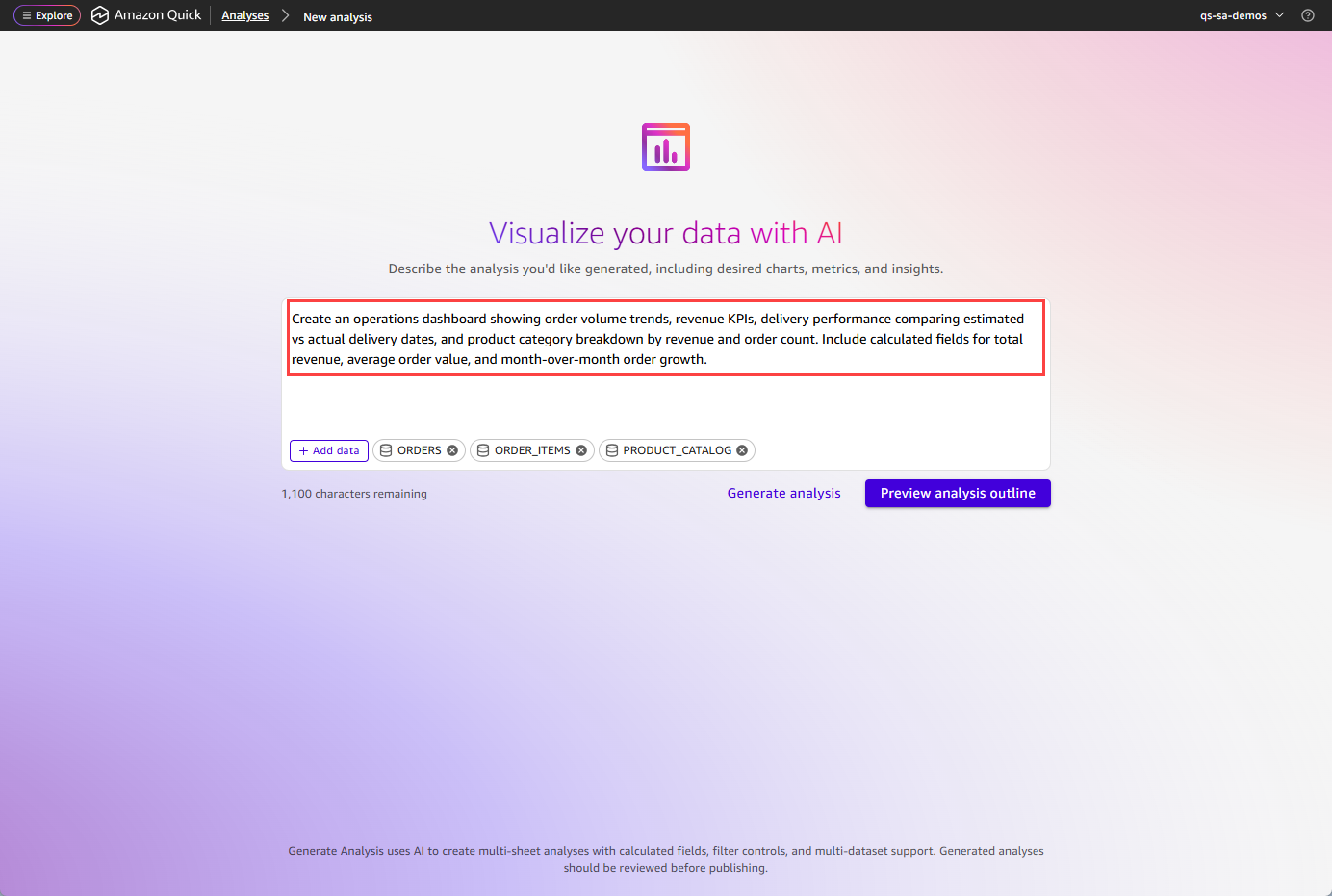 Prompt input screen with example