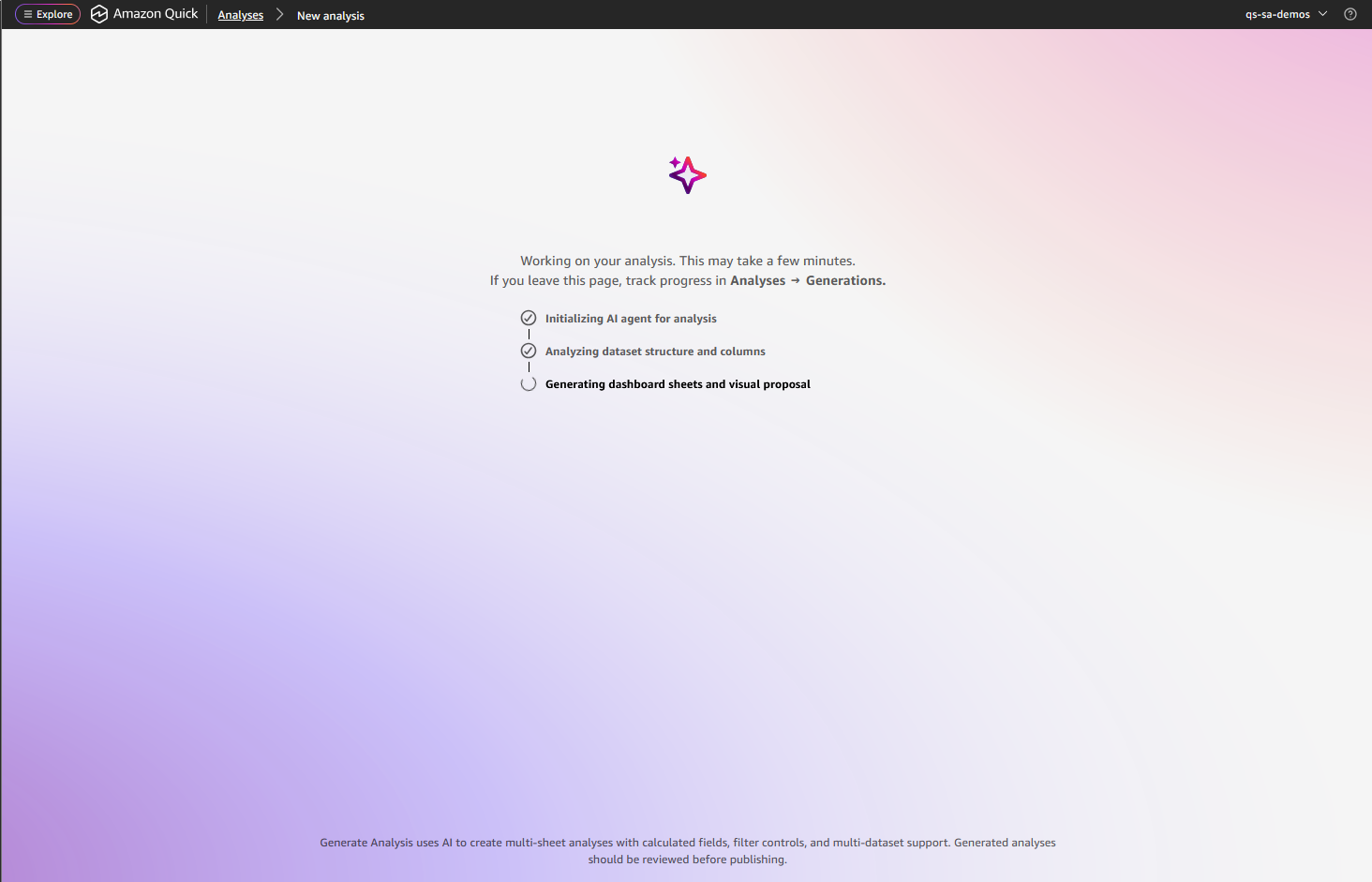 Streaming progress screen showing steps completing