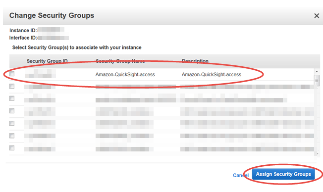 Change Security Groups interface with Amazon-QuickSight-access group highlighted and Assign Security Groups button.