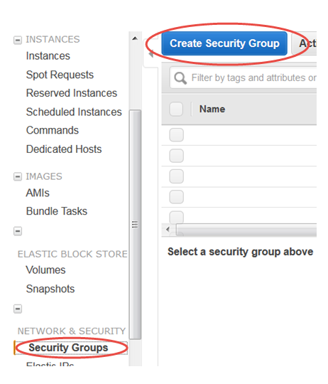 Amazon console interface showing Security Groups menu and Create Security Group button.