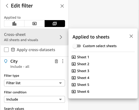 This is an image of the Edit Filter in QuickSight with selected custom sheets.