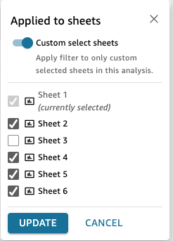 This is an image of the Edit Filter in QuickSight with selected custom sheets.