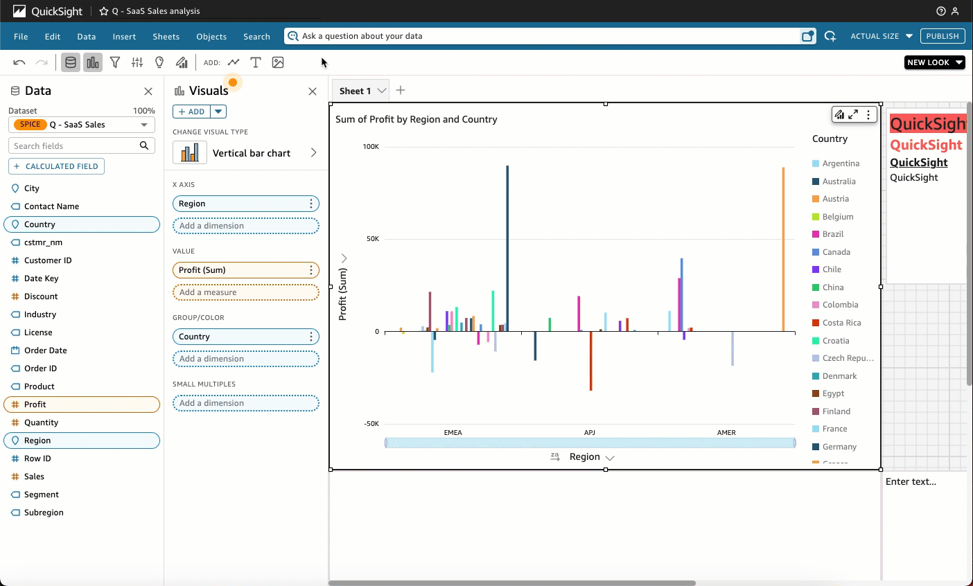 The menu at the top of an analysis page in QuickSight.