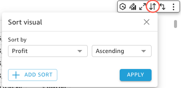 The Sort visual icon and the Sort visual pop over that it opens.