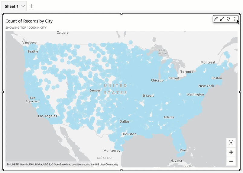 Toggle geospatial map formatting options from the on-visual menu.