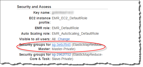 A screenshot highlighting the Amazon EMR master node security group name in the Amazon EMR console.