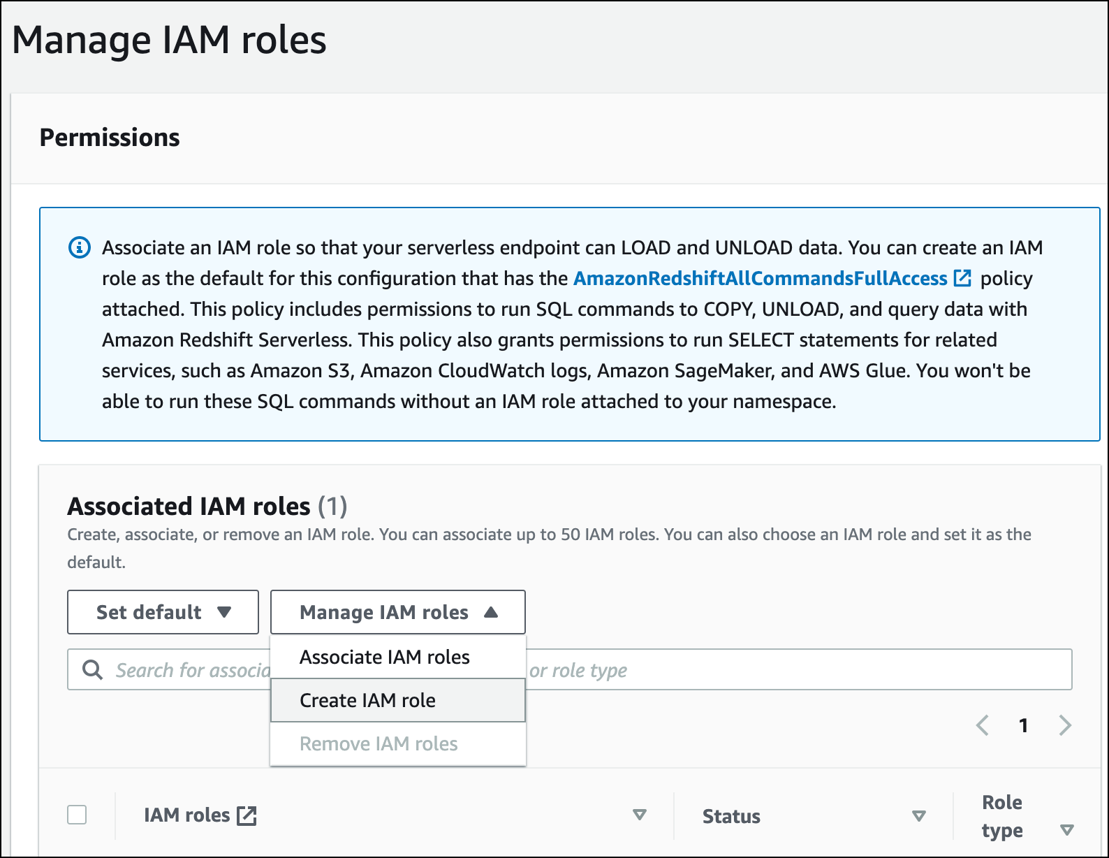 Expand the Manage IAM roles menu, and choose Create IAM role.
