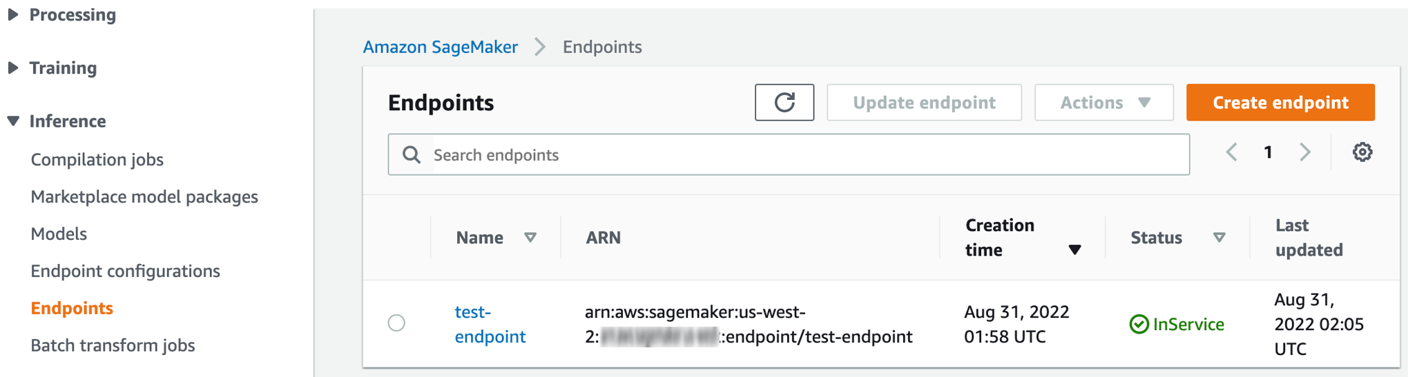 SageMaker console: Endpoints page to create an endpoint or check endpoint status.