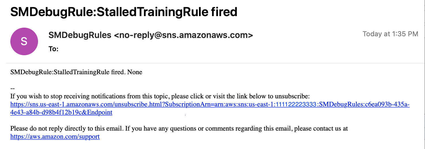 
                    An example email notification sent by Debugger when it detects a
                        StalledTraining issue.
                