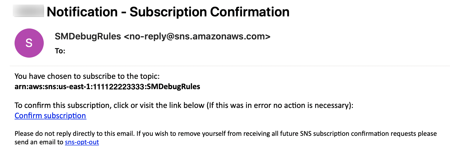 A subscription confirmation email message for the Amazon SNS SMDebugRules topic.