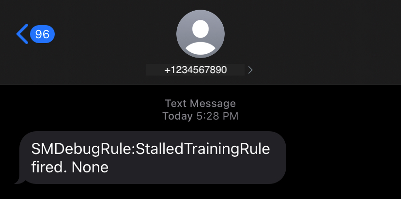 An example text notification sent by Debugger when it detects a StalledTraining issue.