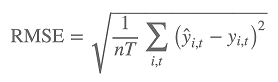 
                RMSE Formula: Sqrt(1/nT(Sum[i,t](y-hat(i,t)-y(i,t))^2))
            