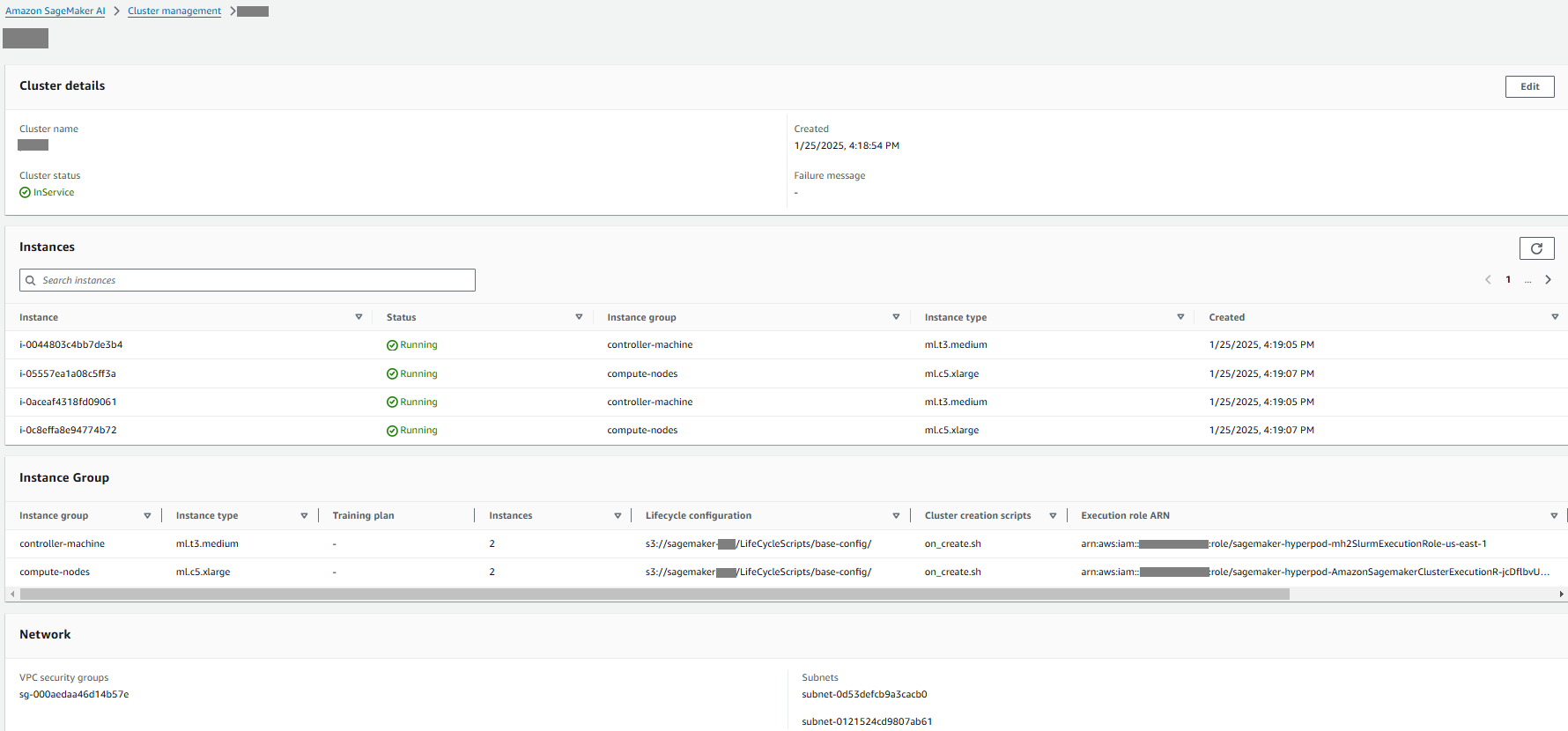 Image showing a HyperPod Slurm cluster with multiple controller nodes in the Amazon SageMaker AI console.