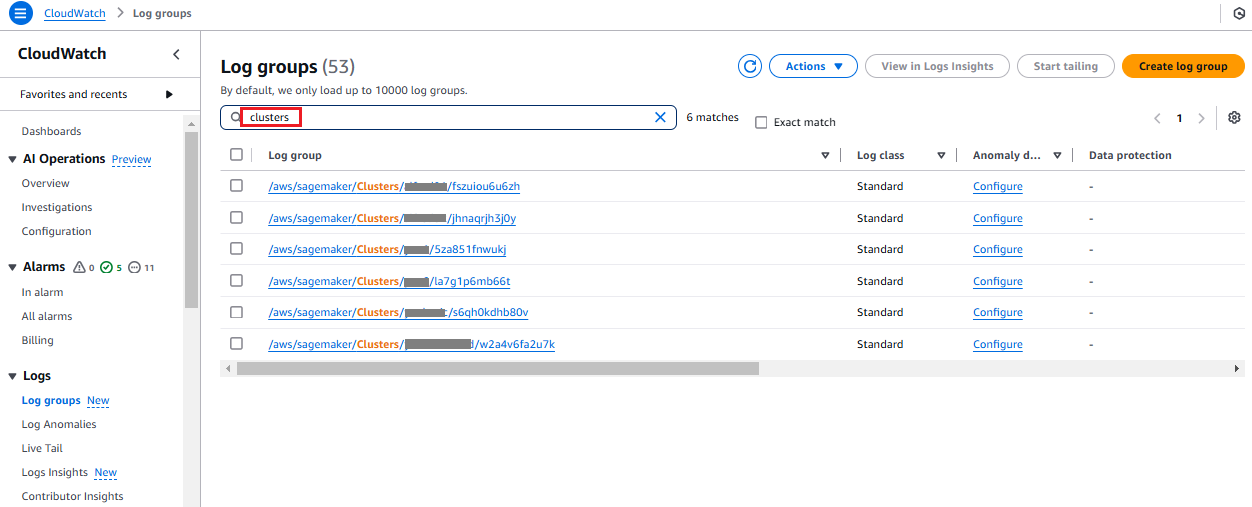 Image showing Amazon SageMaker HyperPod cluster log groups in the CloudWatch console.