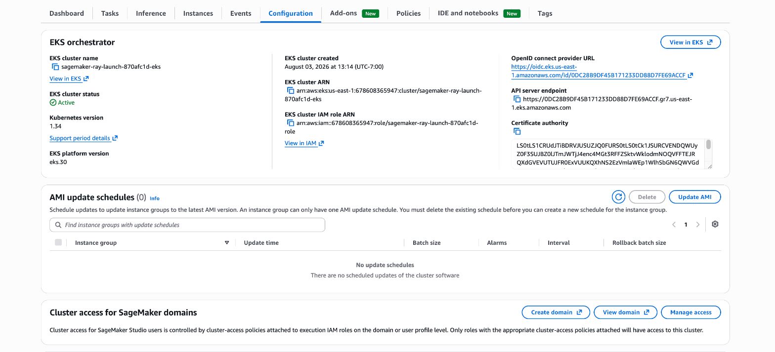 The Configuration tab of a HyperPod cluster, showing the EKS orchestrator details and the Cluster access for SageMaker domains section with the Create domain, View domain, and Manage access buttons.