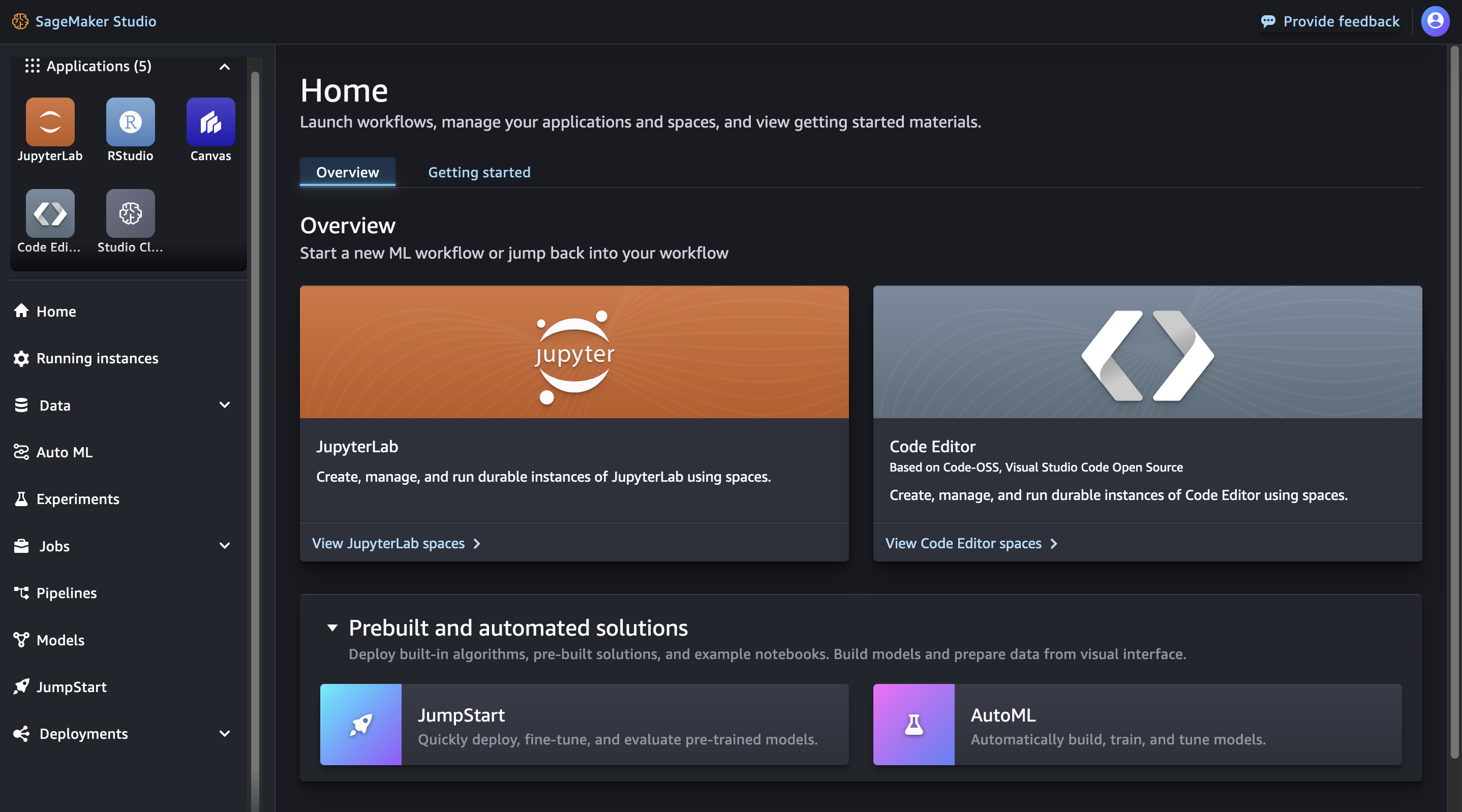 
          Amazon SageMaker Studio interface with access to JumpStart from the Home
            navigation menu and the Home page.
        