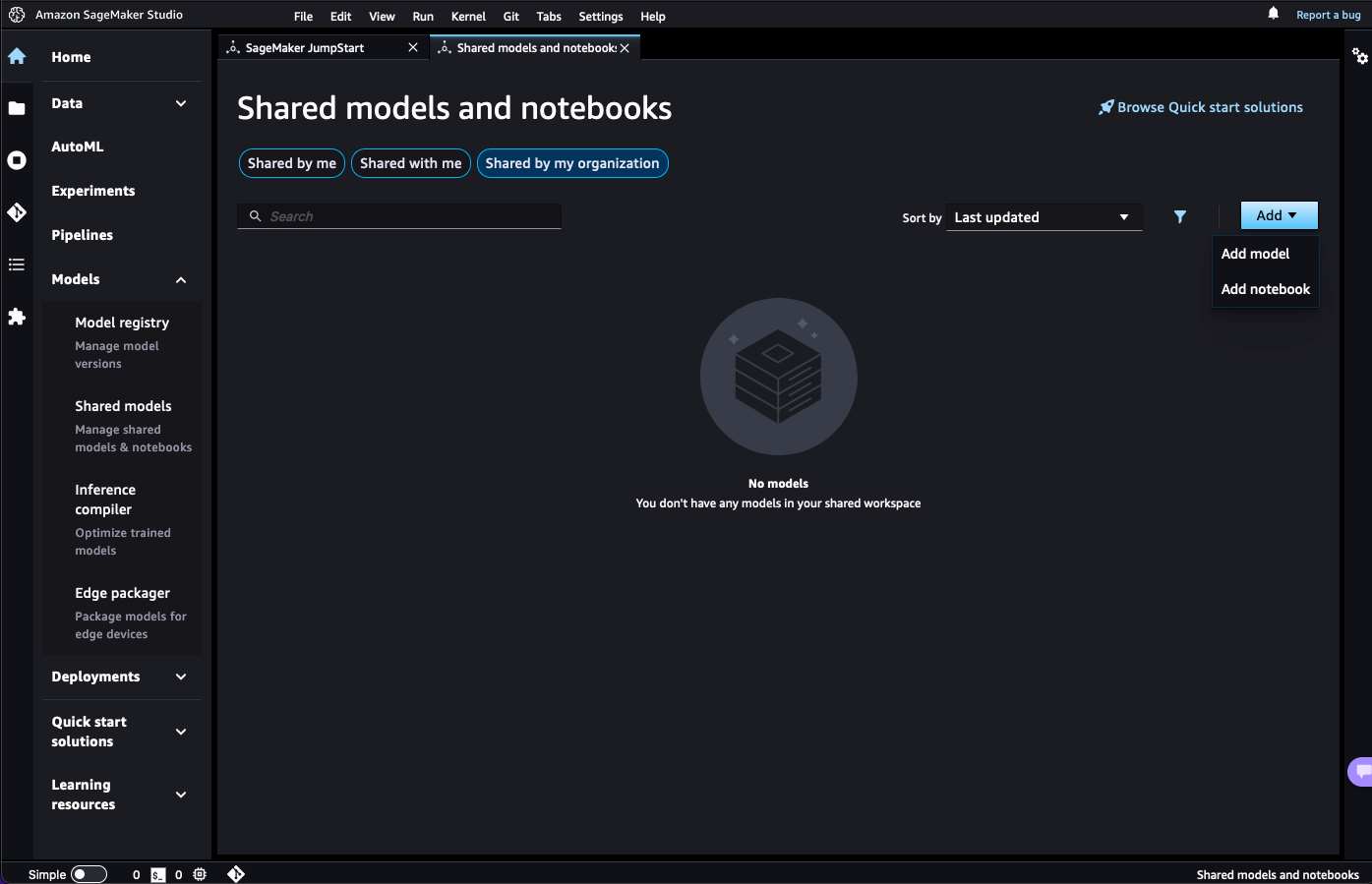 
          The menu to add shared models or notebooks to JumpStart.
        