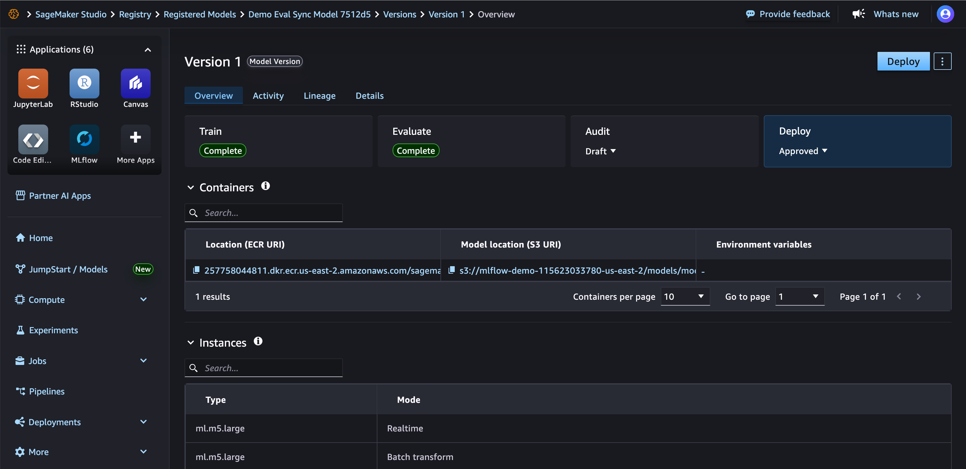 Inference specification containers and instance types in Studio.