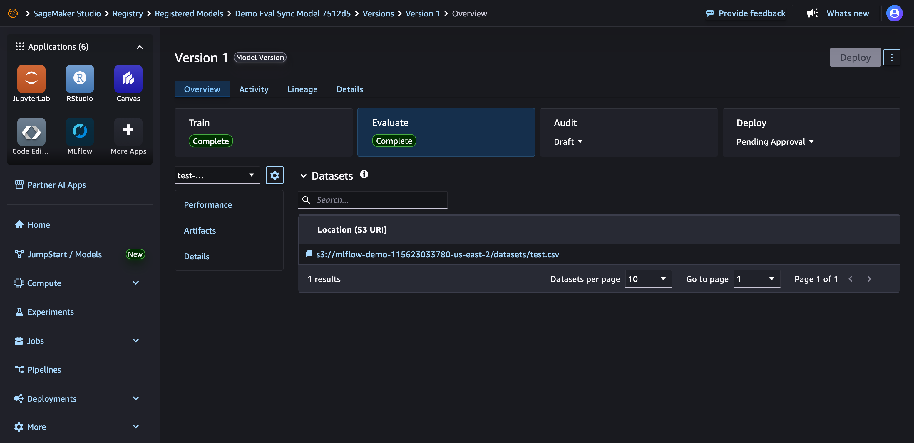 Evaluation dataset in Studio.