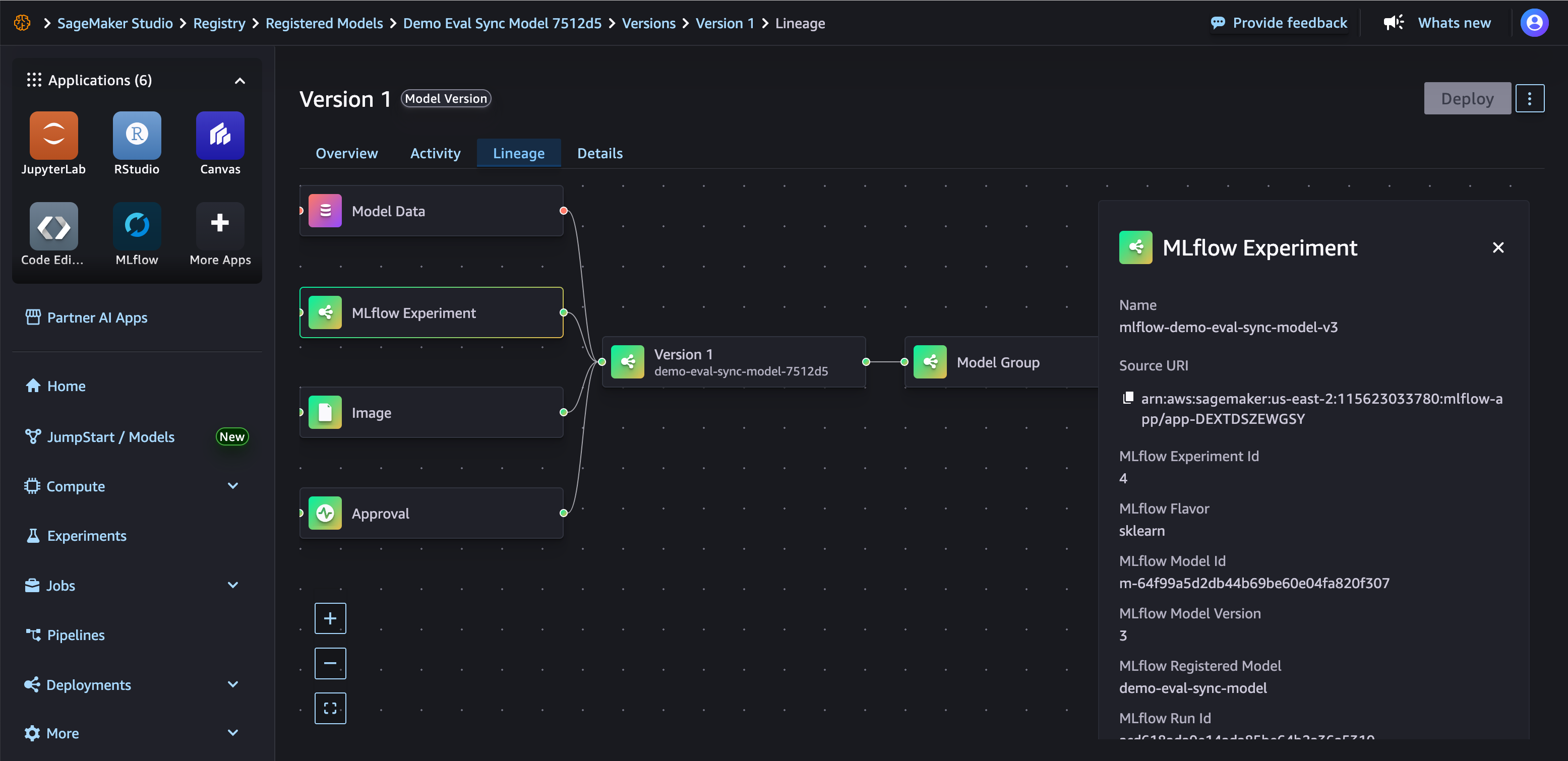 Model lineage graph showing MLflow experiment association in Studio.