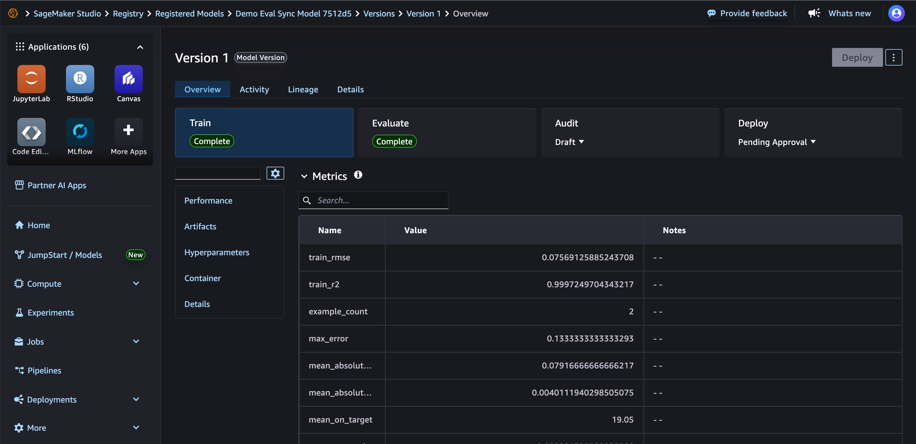 Model Package version overview showing training metrics in Studio.