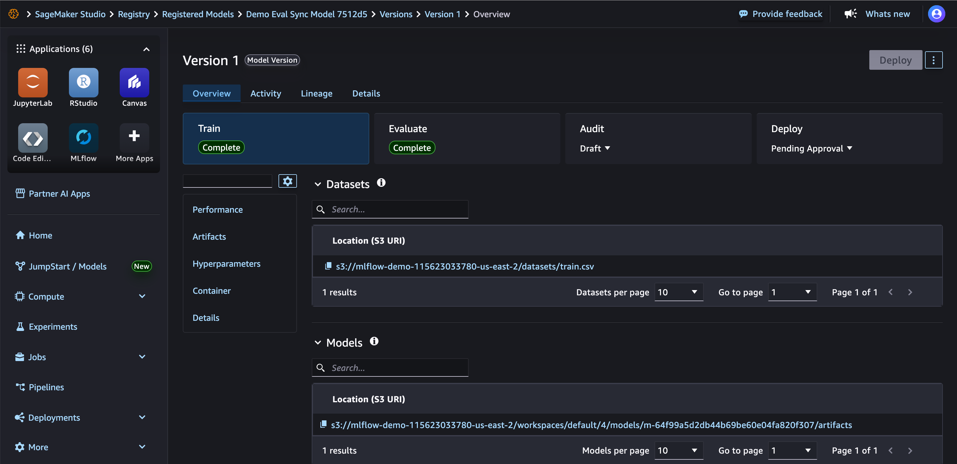 Training datasets and model artifacts in Studio.