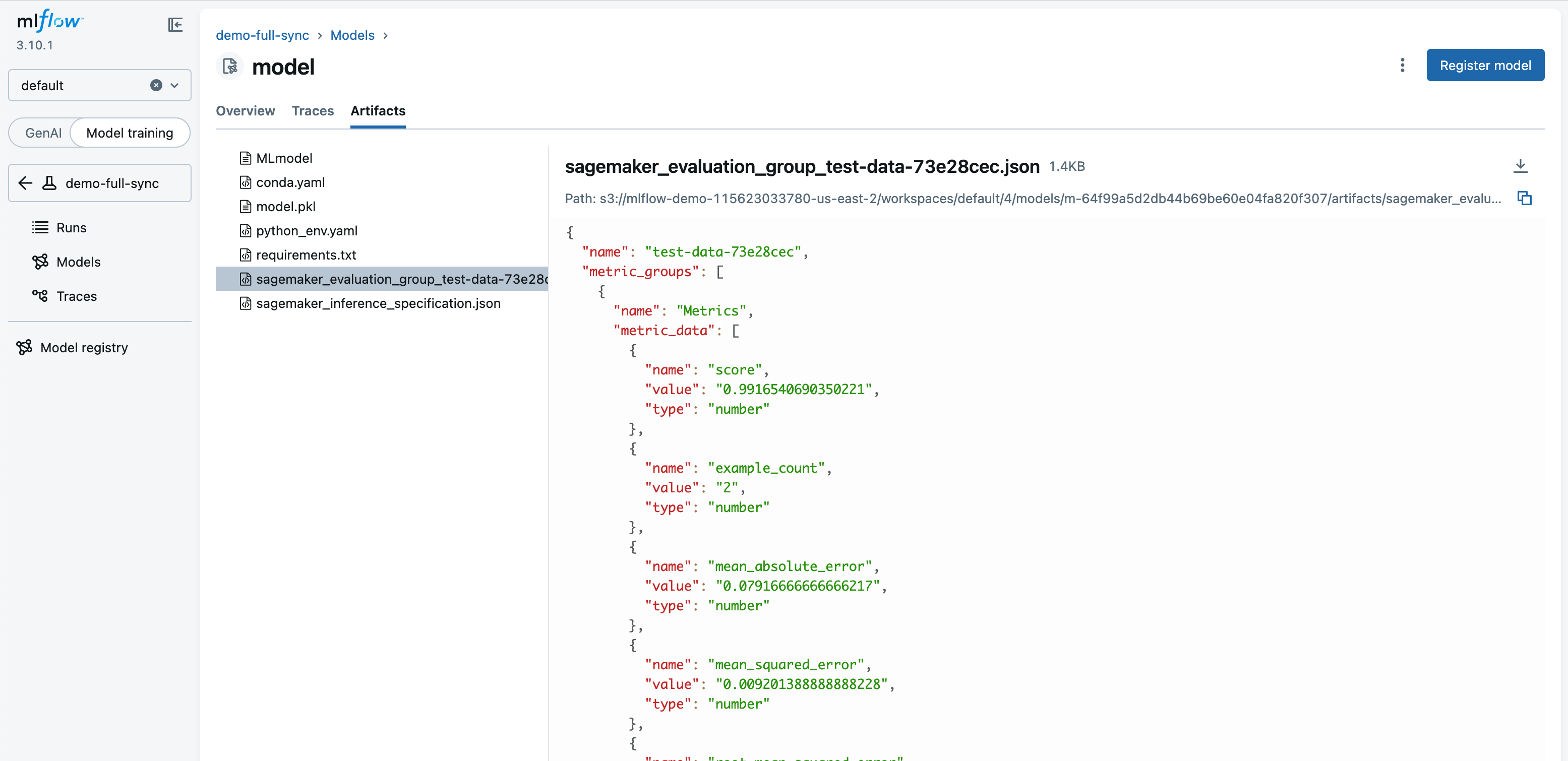 Evaluation group artifact in the MLflow UI.