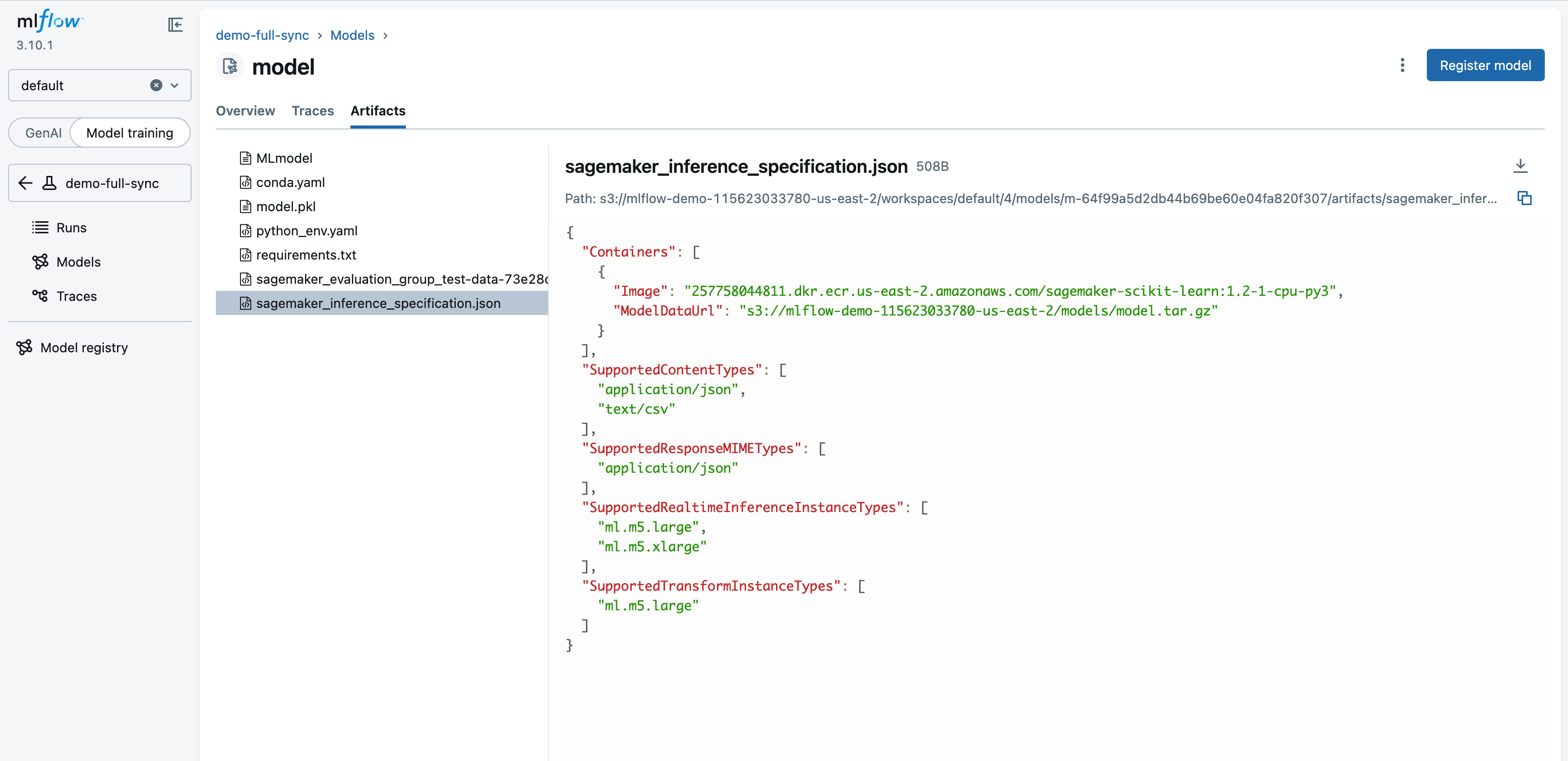 Inference specification artifact in the MLflow UI.