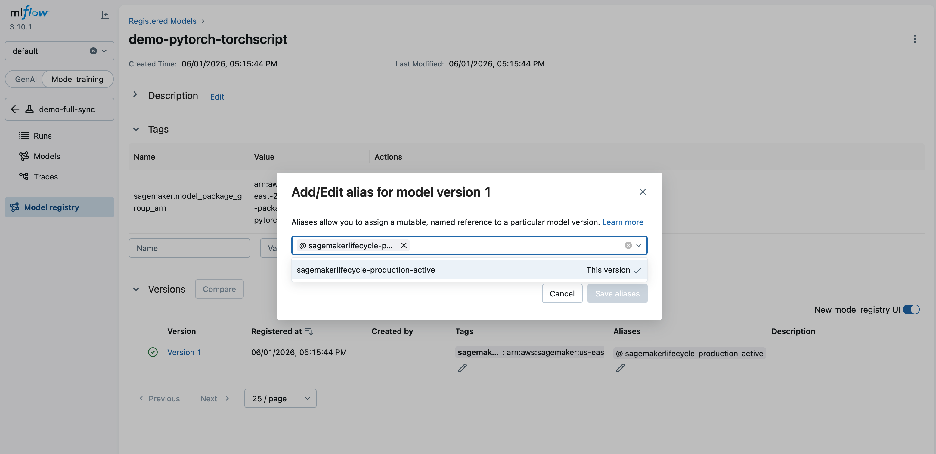Setting a lifecycle alias in the MLflow UI.