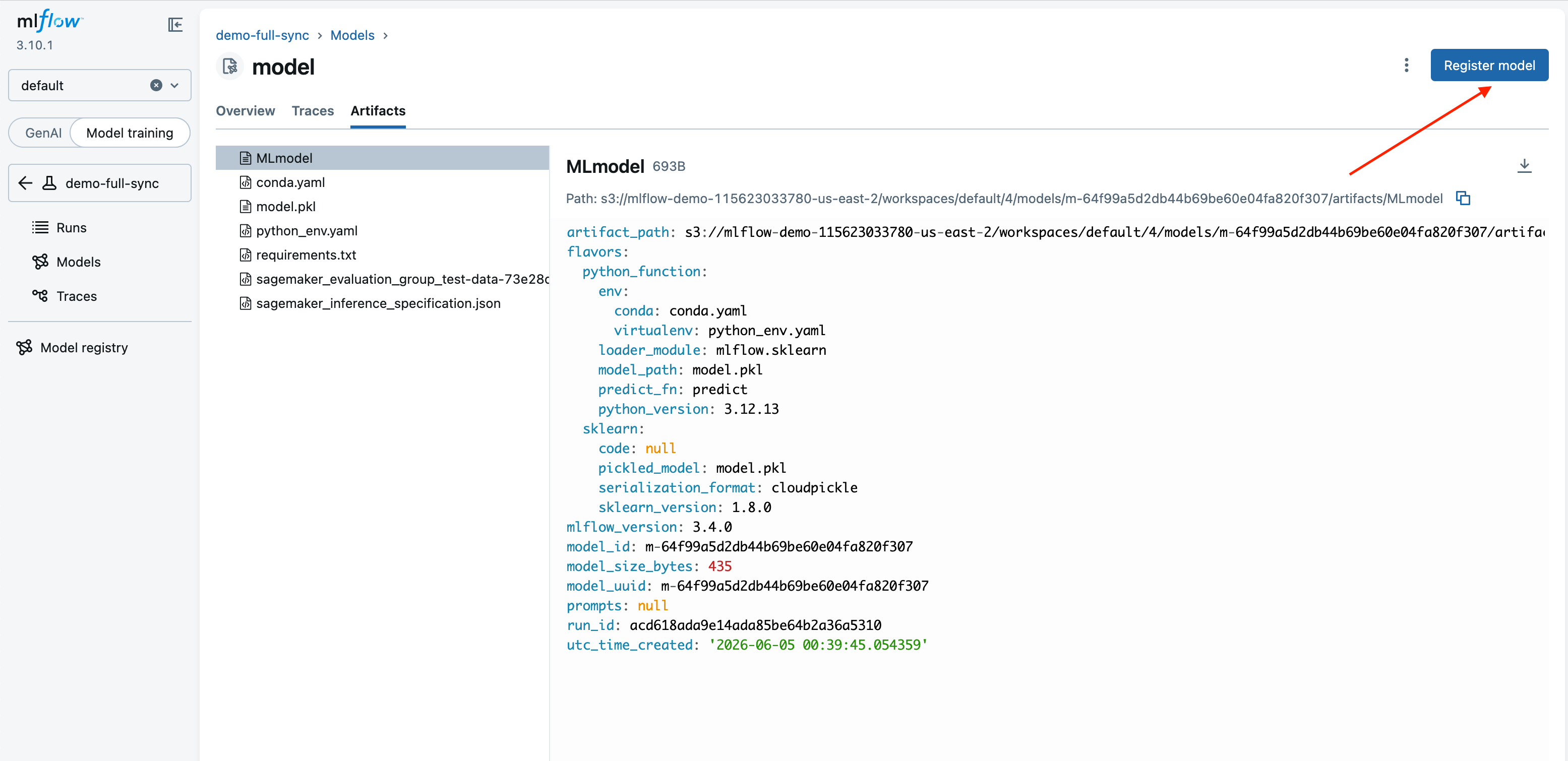Register a model version from the MLflow run page.