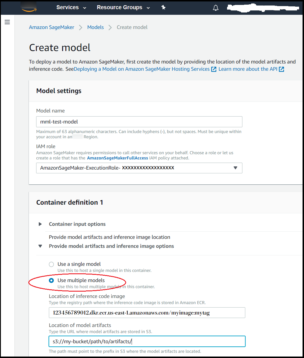 
              The section of the Create model page where you can choose Use
                multiple models to host multiple models on a single endpoint.
            