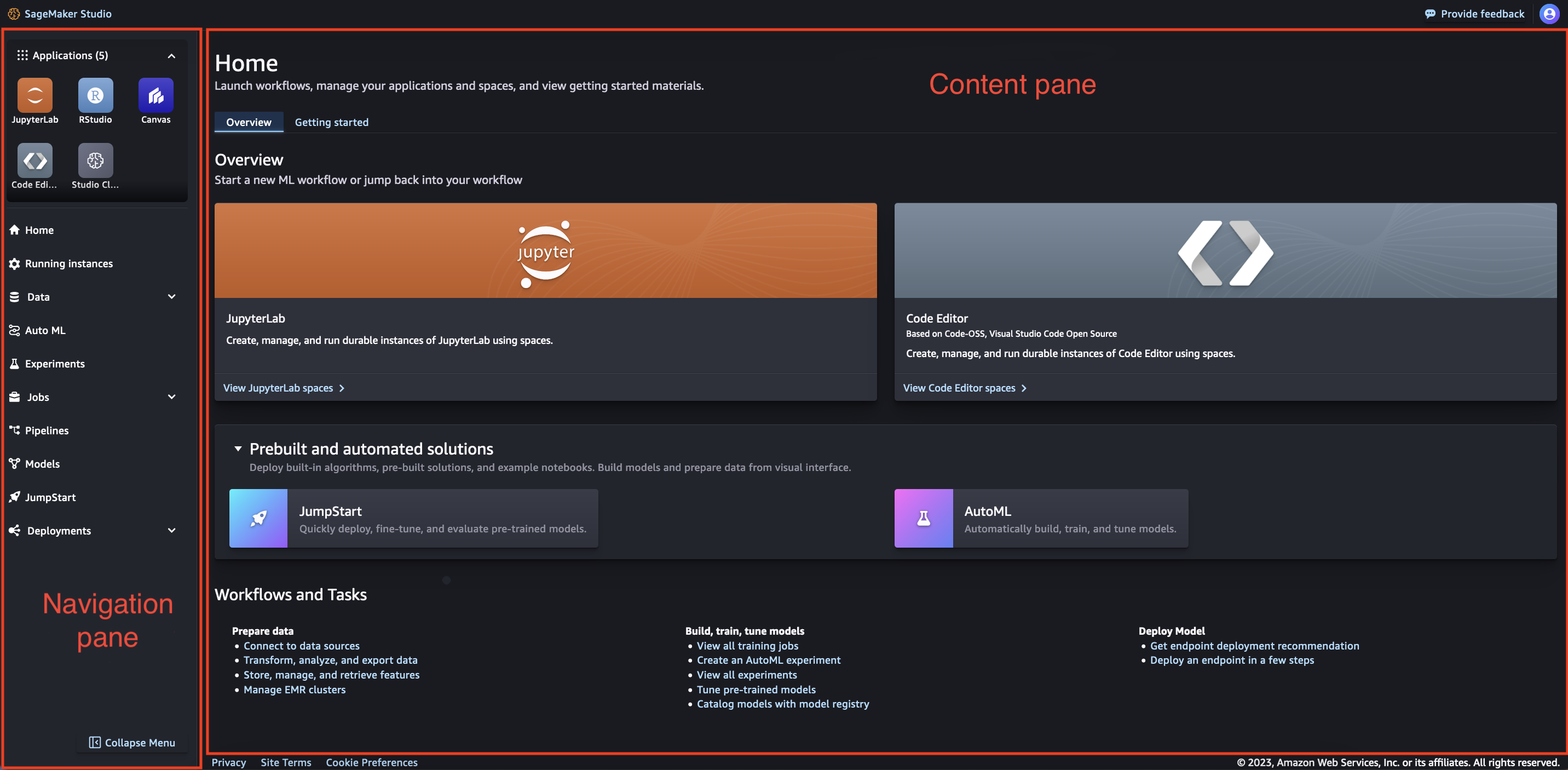 Amazon SageMaker Studio home page with navigation pane and content pane (main working area).