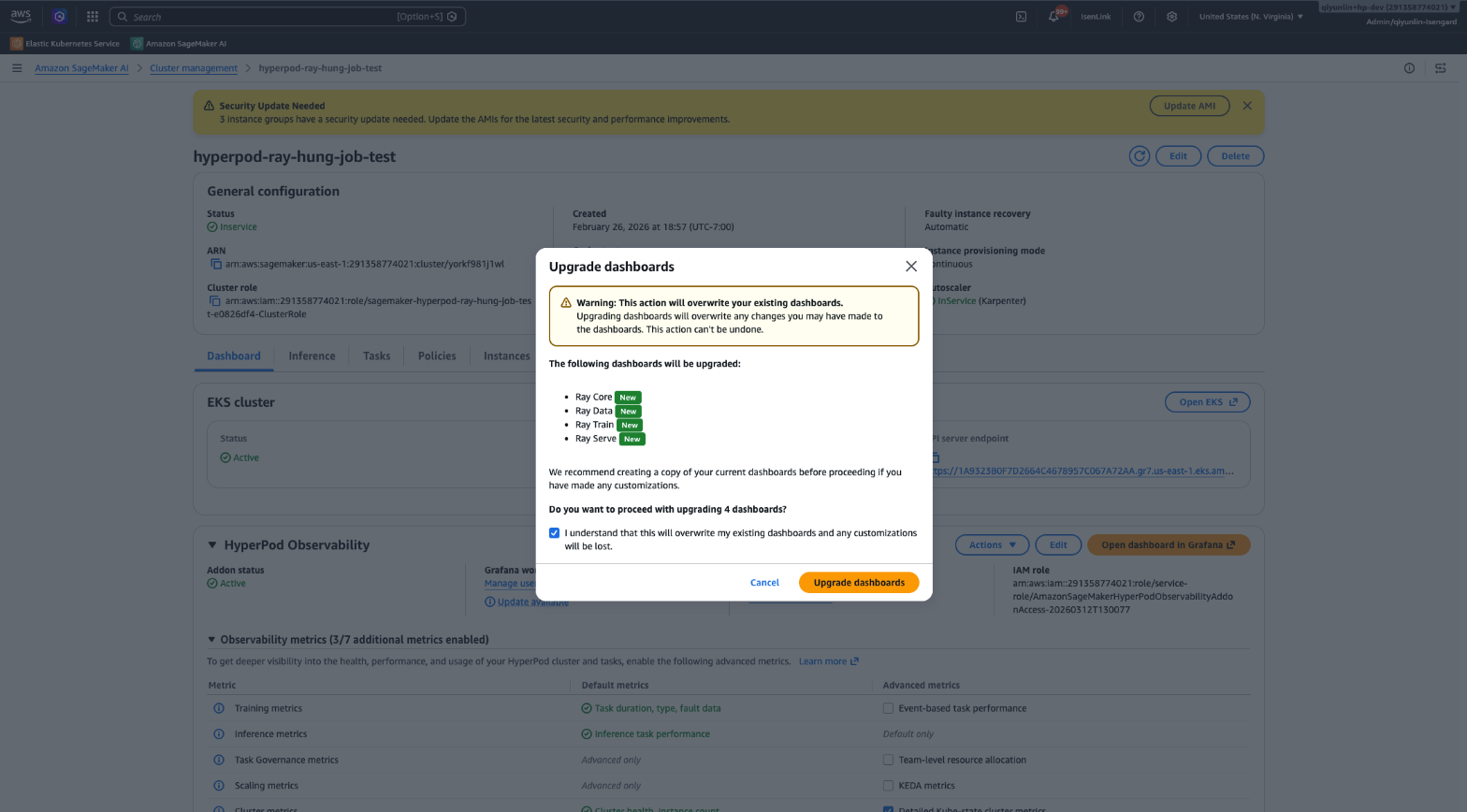 The Upgrade dashboards dialog in the SageMaker AI console, listing the Ray Core, Ray Data, Ray Train, and Ray Serve dashboards to be upgraded.