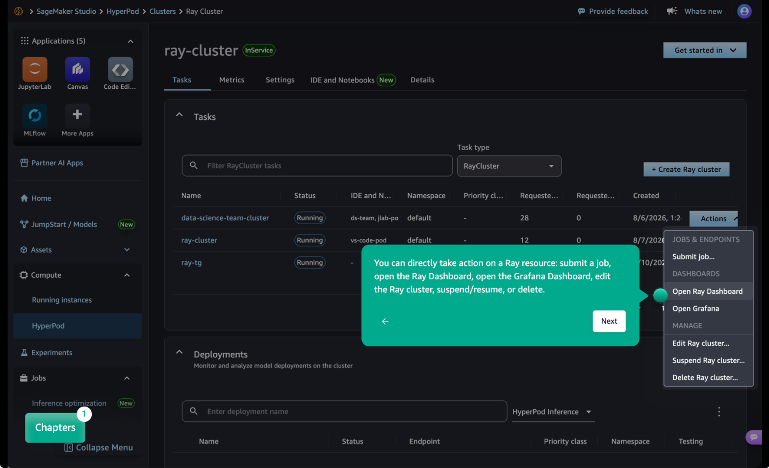 The Tasks tab in SageMaker Studio with the Actions menu open on a Ray cluster.