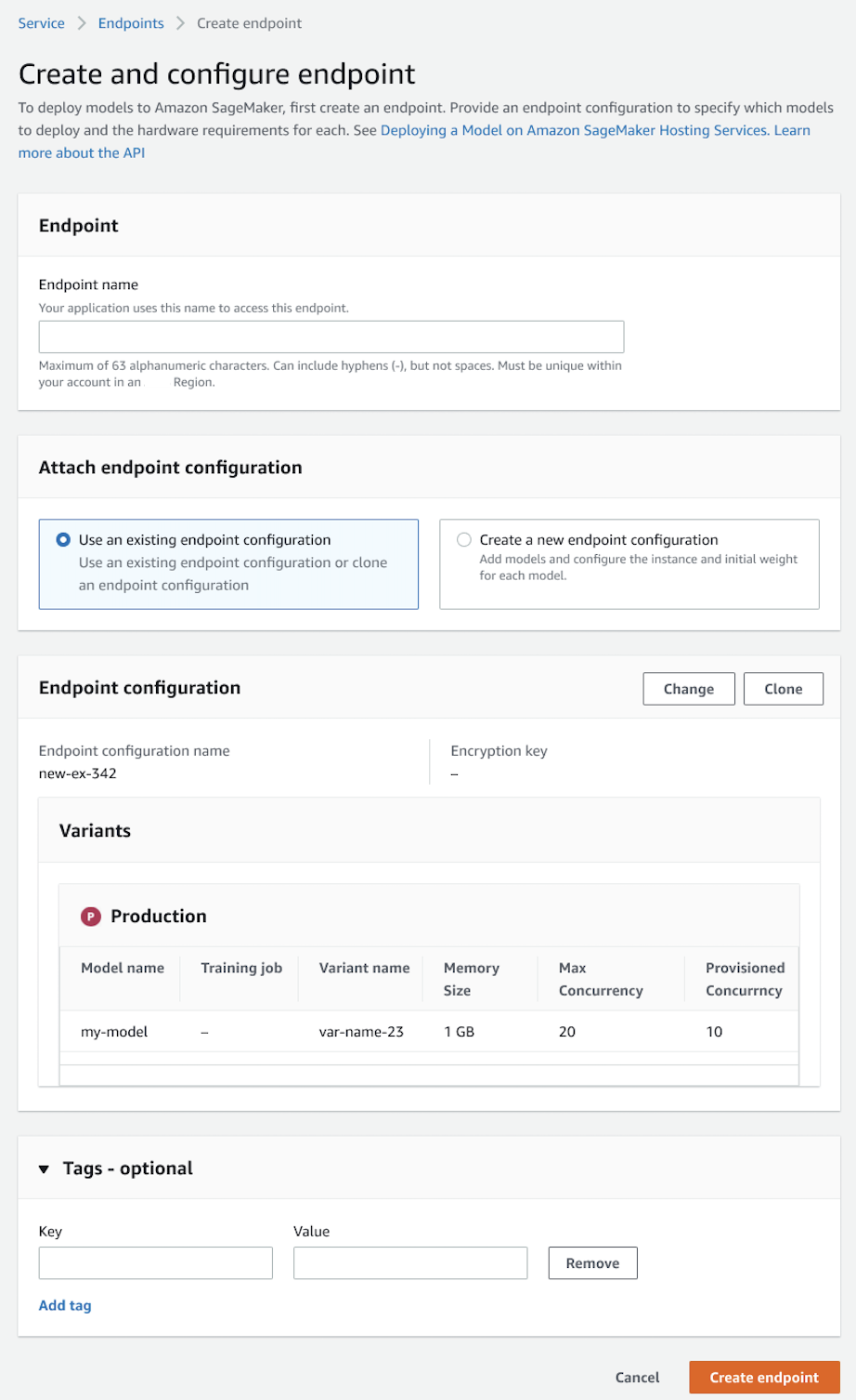 Screenshot of the create and configure endpoint page in the console.