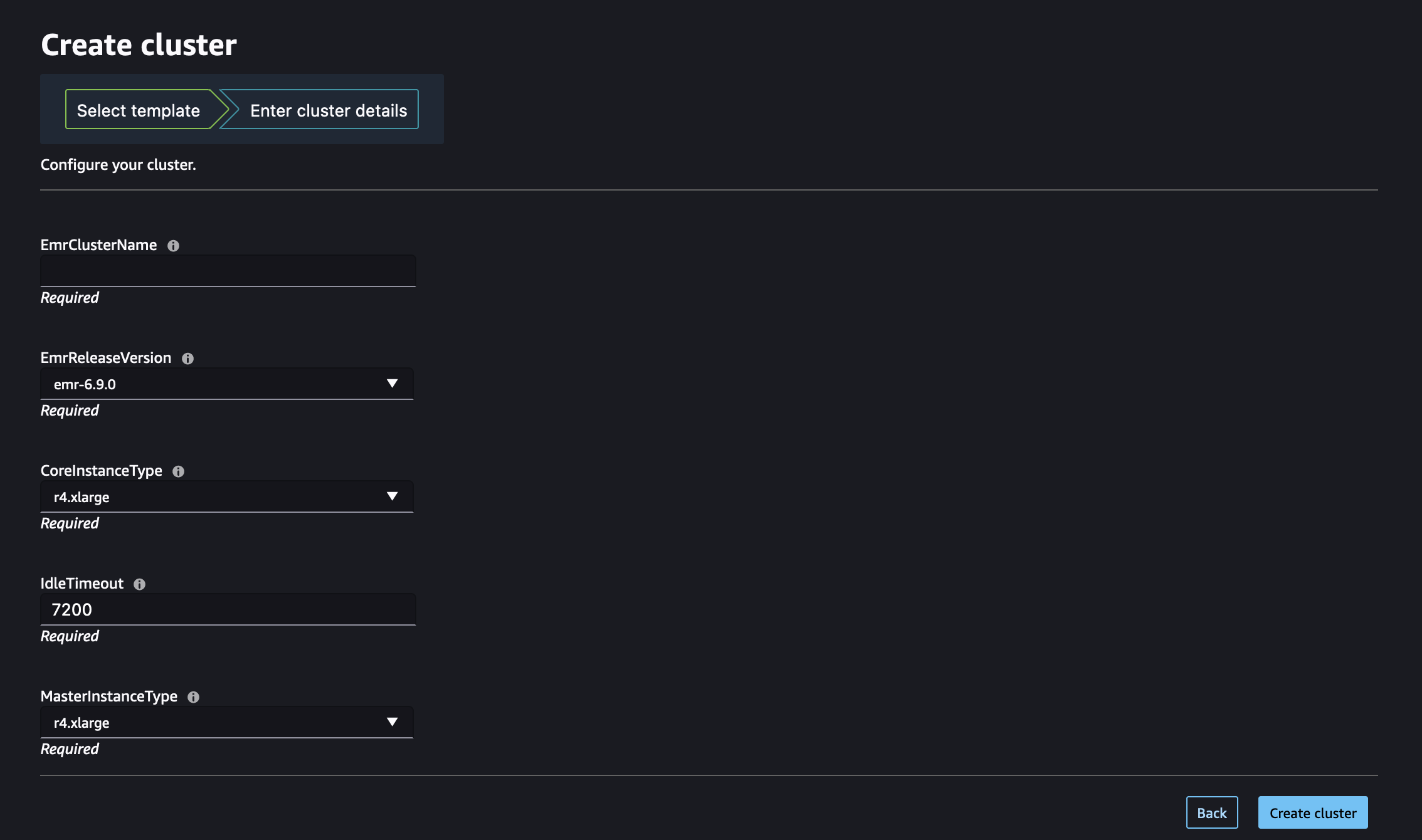 
                            Creation form of an Amazon EMR cluster from Studio Classic.
                        