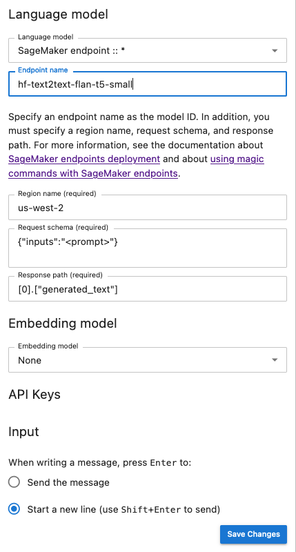 Chat UI configuration panel set to invoke a Flan-t5-small model provided by JumpStart.