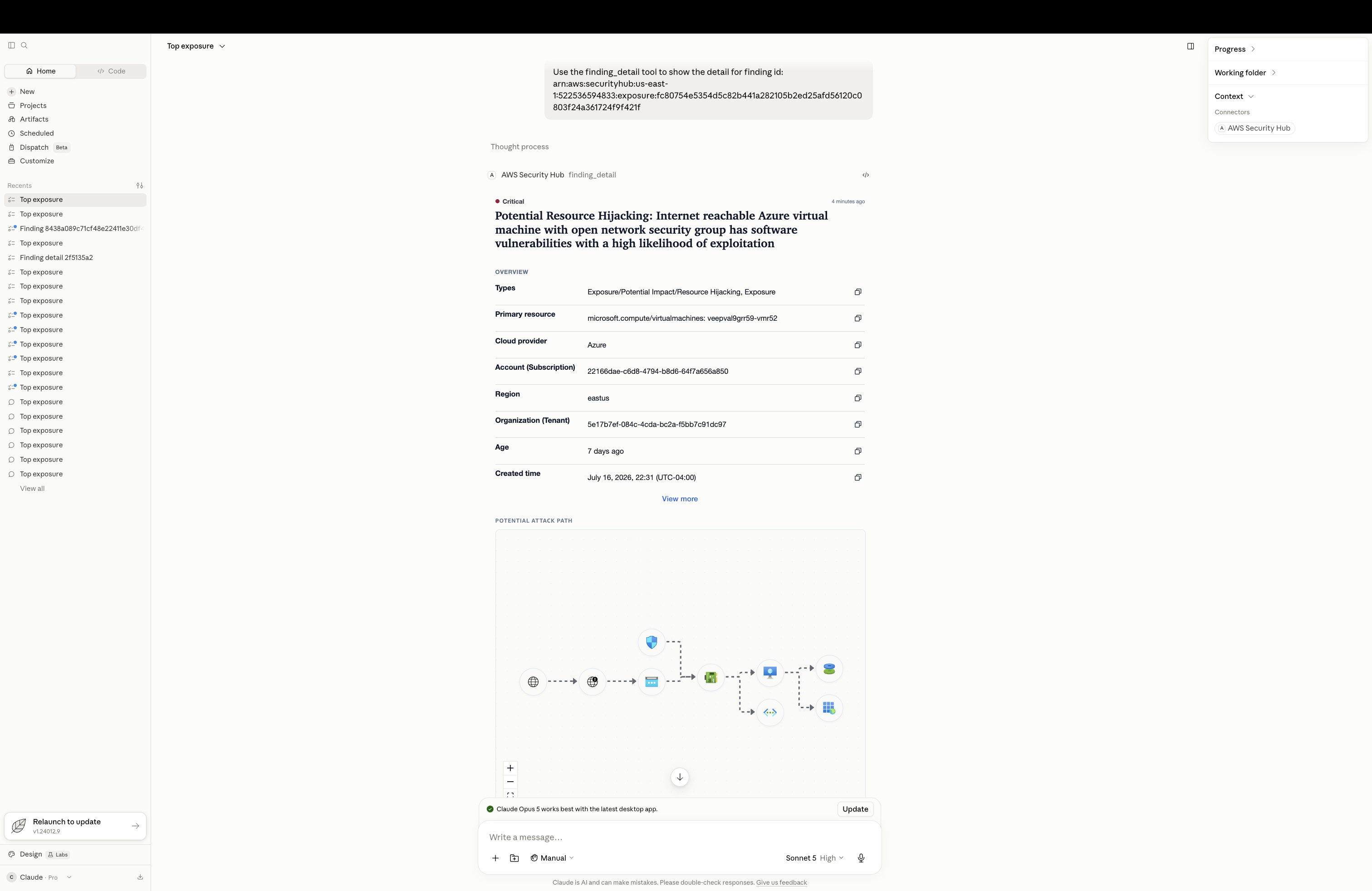 Finding detail view with overview, correlated findings, attack path, and remediation guidance.