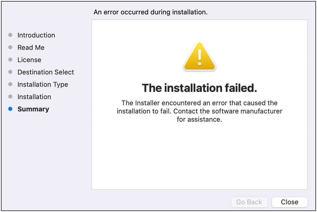 Image of the Amazon SAM CLI installer showing an installation failed message