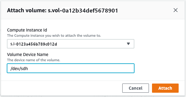 
                                Attach volume window showing Compute Instance Id and Volume
                                    Device Name
                            