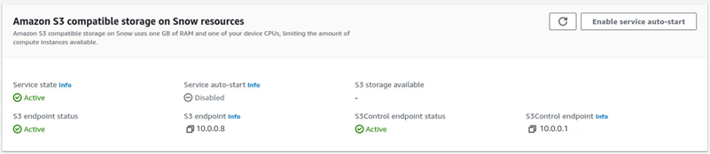 Amazon S3 compatible storage on Snow resources area with Enable service auto-start at top right.
